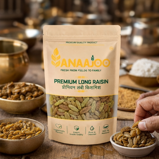 Anaajoo Premium Long Raisins (प्रीमियम लंबी किशमिश) | Naturally Sweet, Chemical-Free, High-Quality Kishmish