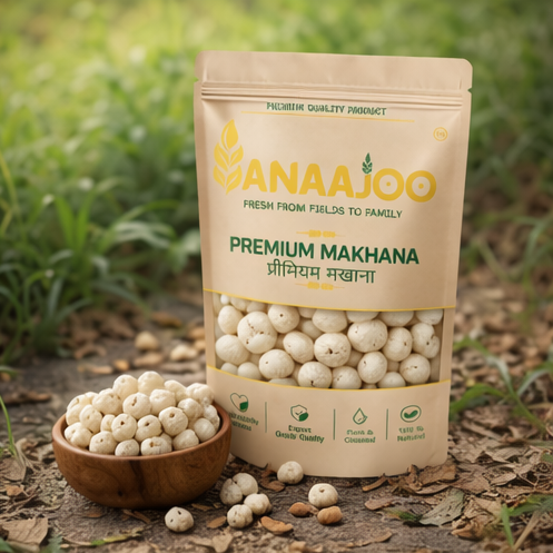 Anaajoo Premium Makhana (प्रीमियम मखाना) | Fox Nuts, Healthy Snack, Chemical-Free, Sortex Cleaned