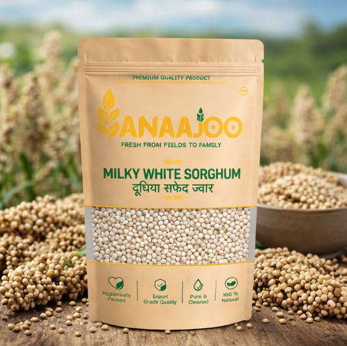 Anaajoo Milky White Sorghum (दूधिया सफेद ज्वार) | Premium Soft Jowar Grain, Chemical-Free, Sortex Cleaned, Gluten-Free