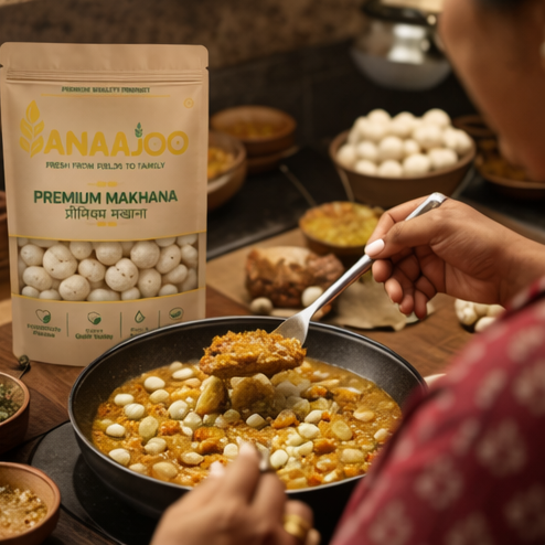 Anaajoo Premium Makhana (प्रीमियम मखाना) | Fox Nuts, Healthy Snack, Chemical-Free, Sortex Cleaned