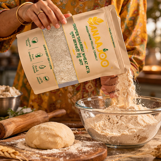Anaajoo Super Sharbati Wheat Atta (सुपर शरबती गेहूं आटा) | Premium Chakki Fresh Atta, Soft Rotis, Chemical-Free
