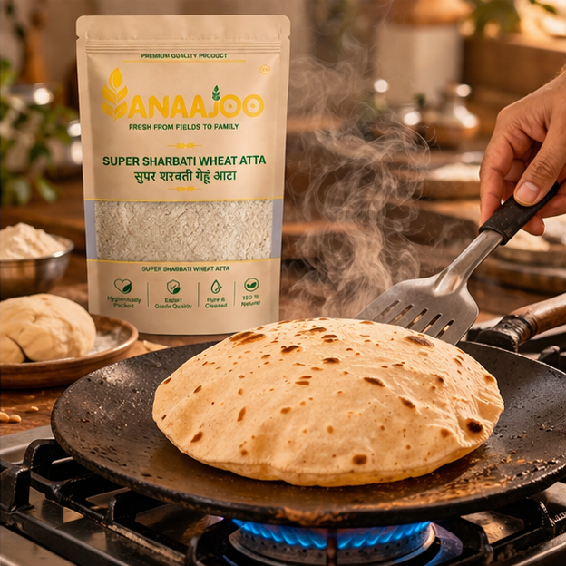 Anaajoo Super Sharbati Wheat Atta (सुपर शरबती गेहूं आटा) | Premium Chakki Fresh Atta, Soft Rotis, Chemical-Free