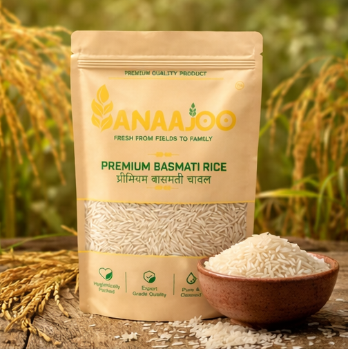 Anaajoo Premium Basmati Rice (प्रीमियम बासमती चावल) | Extra Long Grain, Rich Aroma, Chemical-Free, Sortex Cleaned