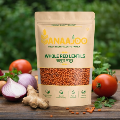 Anaajoo Whole Red Lentils (साबुत मसूर) | Premium Masoor Whole, Chemical-Free, Sortex Cleaned, High-Protein