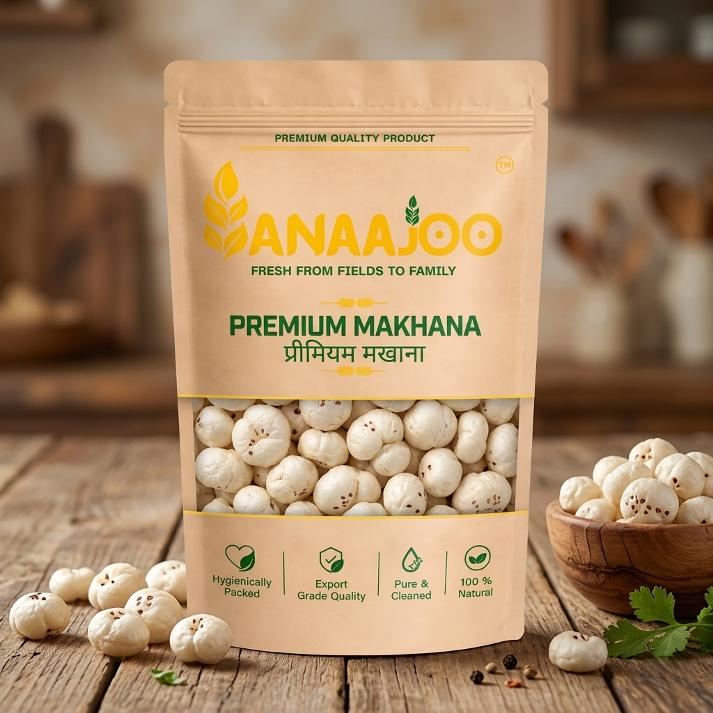 Anaajoo Premium Makhana (प्रीमियम मखाना) | Fox Nuts, Healthy Snack, Chemical-Free, Sortex Cleaned