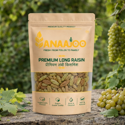 Anaajoo Premium Long Raisins (प्रीमियम लंबी किशमिश) | Naturally Sweet, Chemical-Free, High-Quality Kishmish