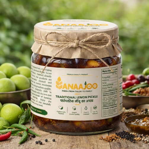 Anaajoo Traditional Lemon Pickle (पारंपारिक नींबू का अचार) | Handmade, Chemical-Free, Authentic Homemade Taste