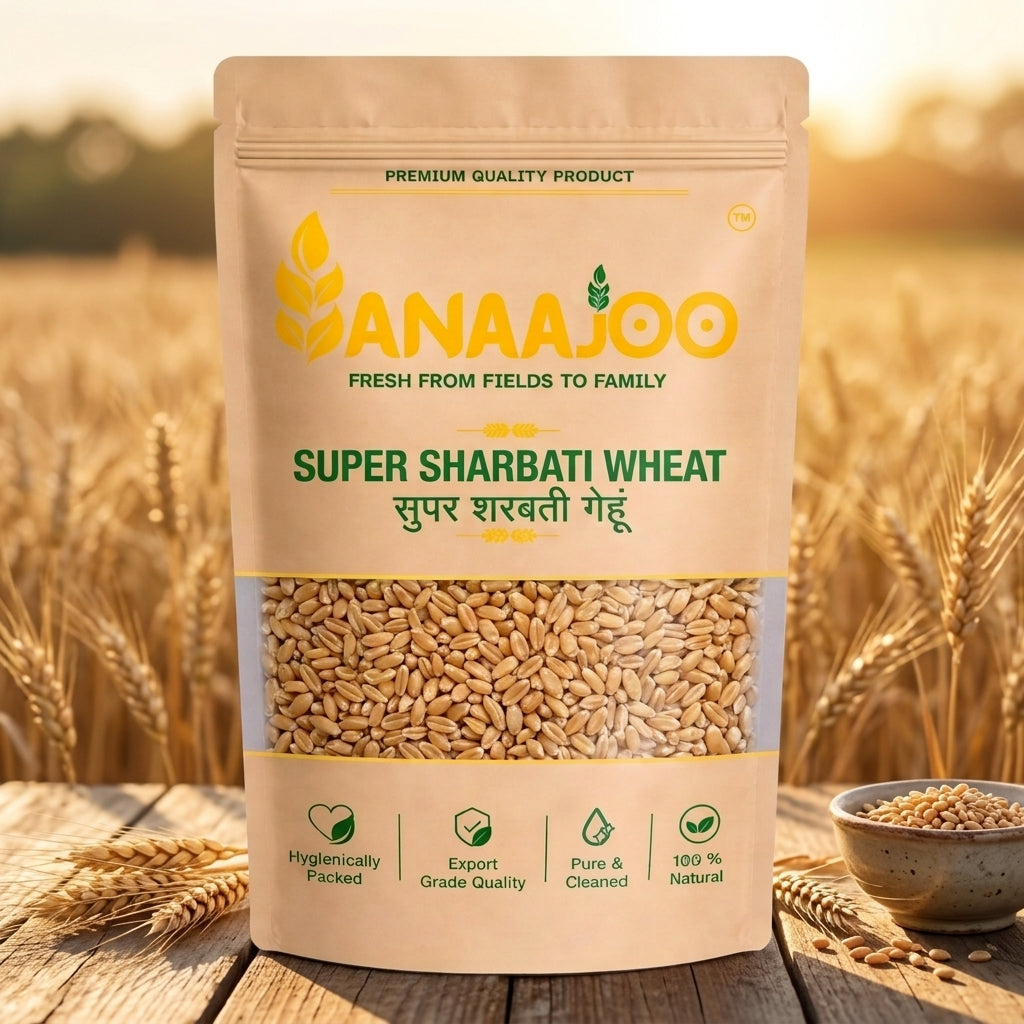 Anaajoo Super Sharbati Wheat (सुपर शरबती गेहूं) | Premium Quality, Chemical-Free, Sortex Cleaned Whole Wheat