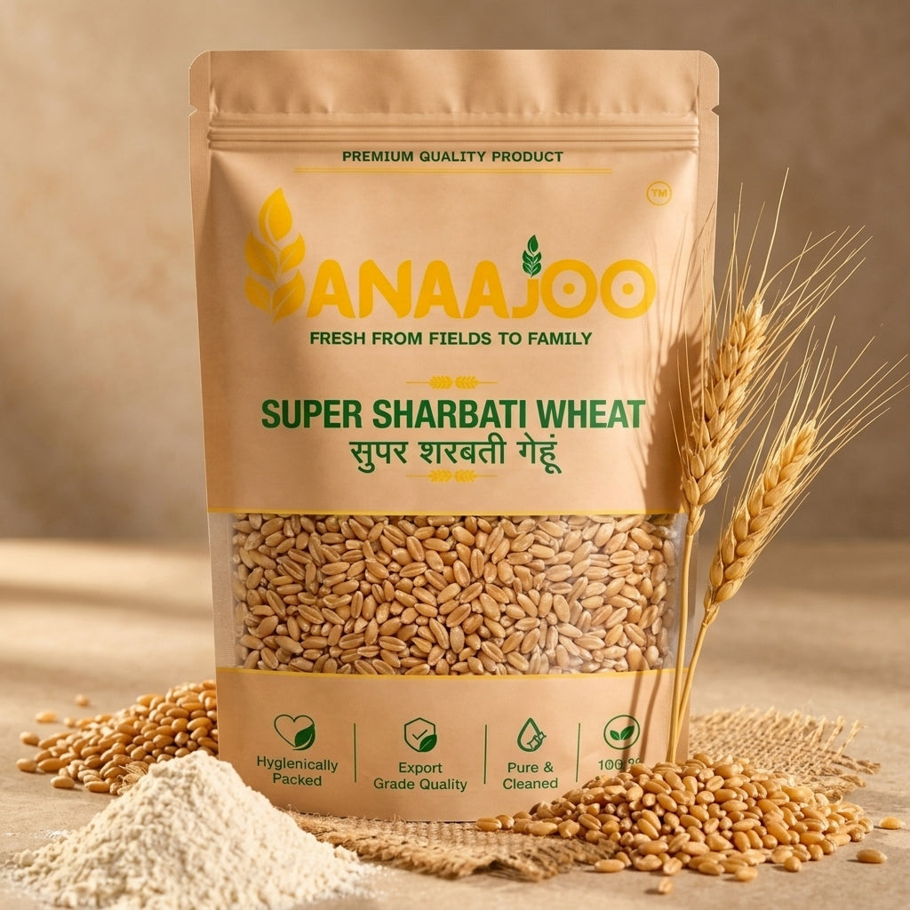Anaajoo Super Sharbati Wheat (सुपर शरबती गेहूं) | Premium Quality, Chemical-Free, Sortex Cleaned Whole Wheat