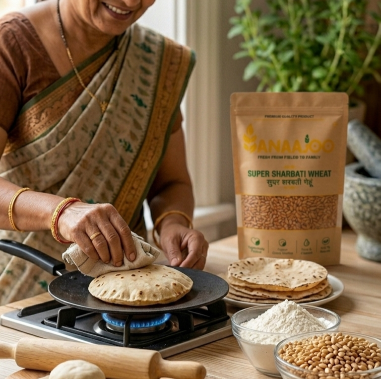 Anaajoo Super Sharbati Wheat (सुपर शरबती गेहूं) | Premium Quality, Chemical-Free, Sortex Cleaned Whole Wheat